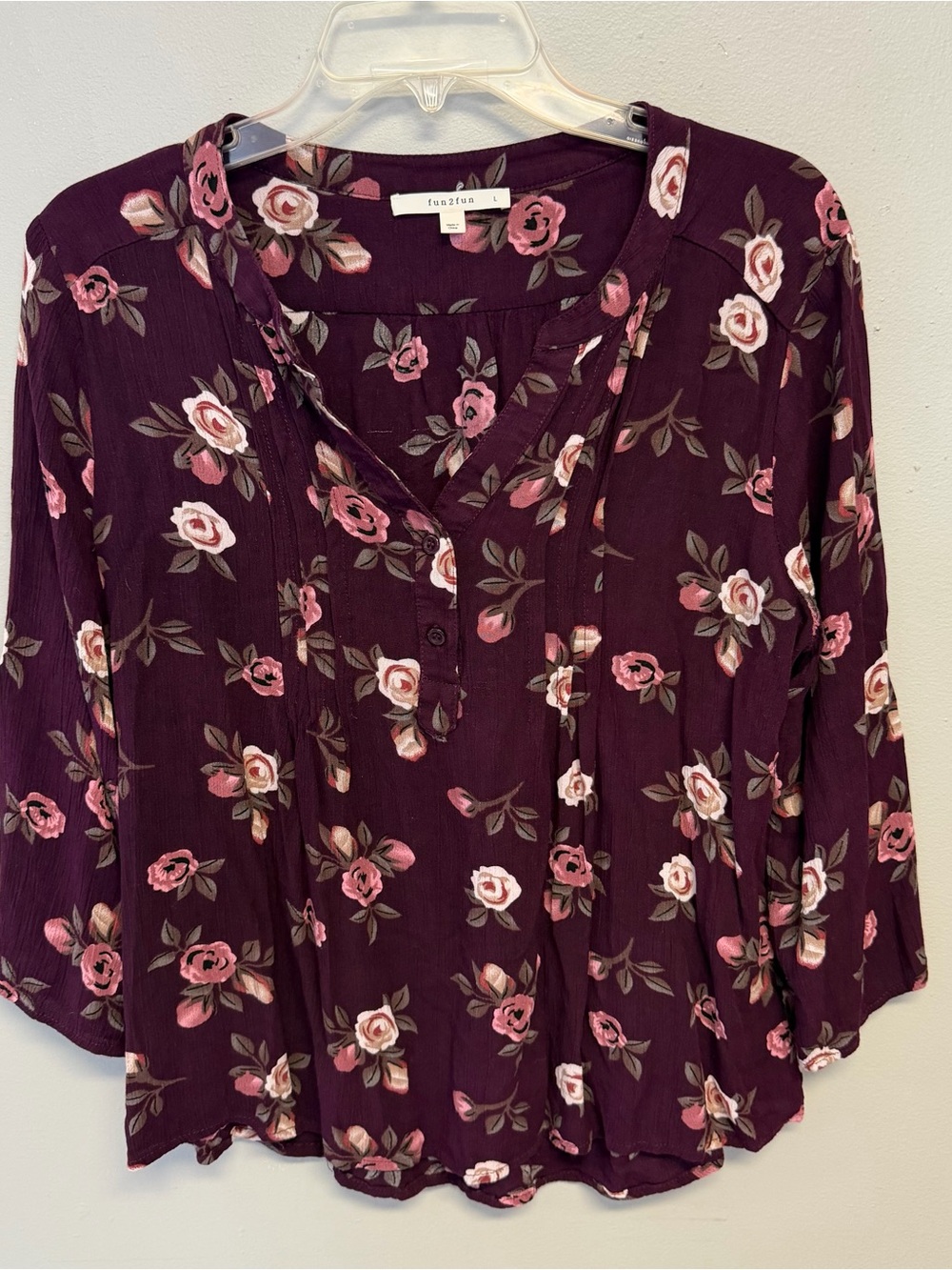 fun 2 fun Plum Floral Henley Blouse with Pink Roses